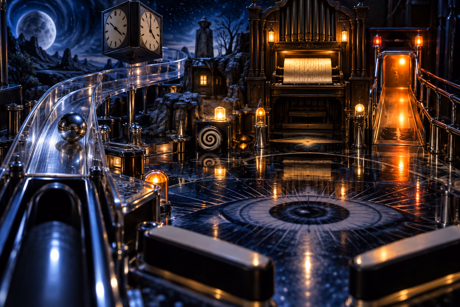 First-ball route rendered as an uncanny midnight pinball scene: one chrome ball climbs the clear Left Ramp toward the lit Player Piano beneath the cubical clock, with the Lock Lane glowing beyond
