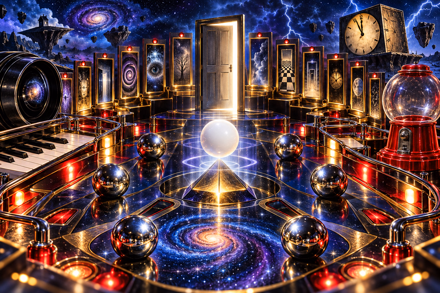 Lost in the Zone finale: six chrome balls and one white Powerball race across a cosmic playfield toward a glowing central door, surrounded by fourteen illuminated panels, the empty red gumball machine and a clock nearing midnight