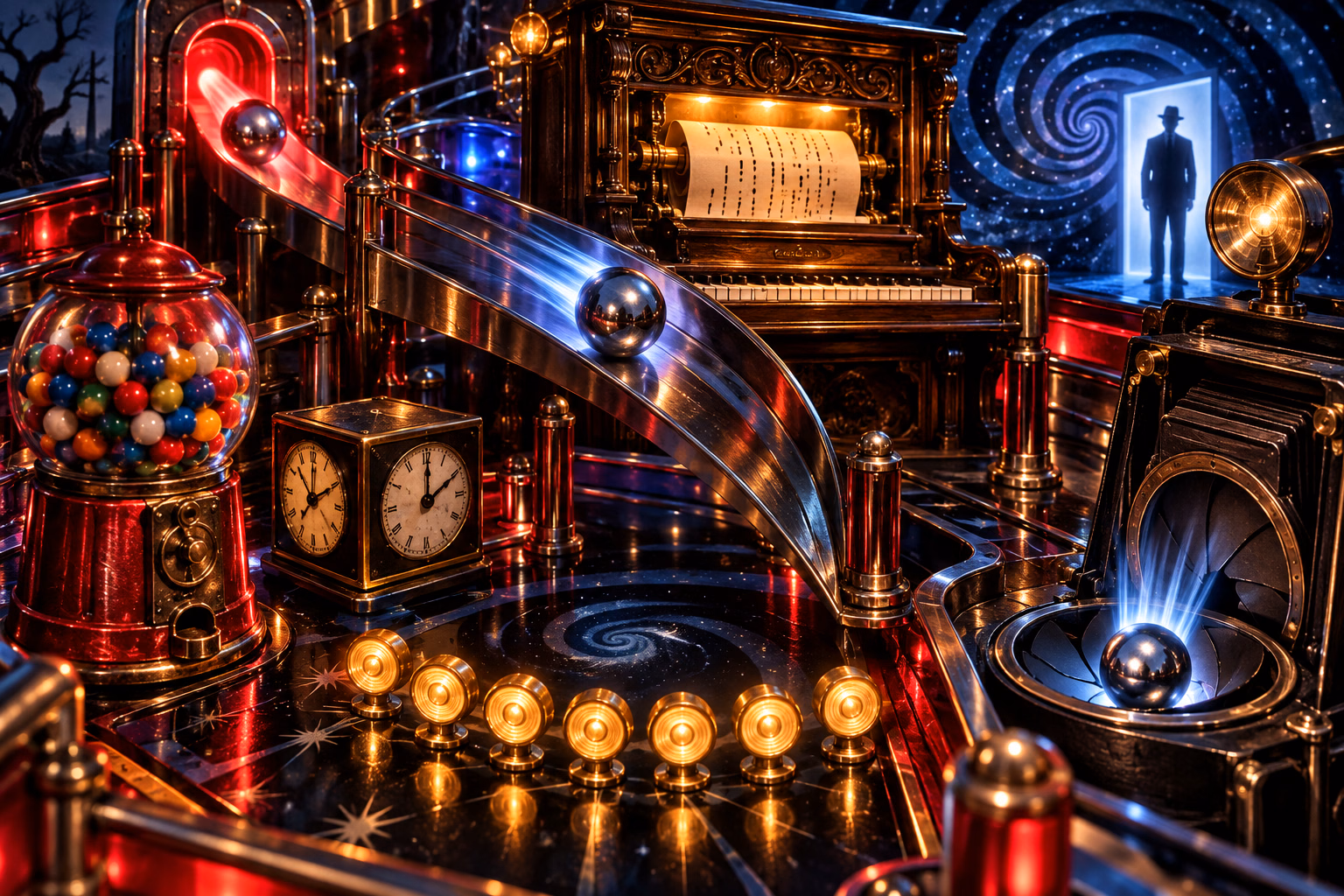 Three-ball multiball in a surreal night scene: a ball leaves the glowing lock, another crosses the ramp toward the lit Player Piano jackpot, and another enters the Camera aperture, framed by the gumball machine and clock
