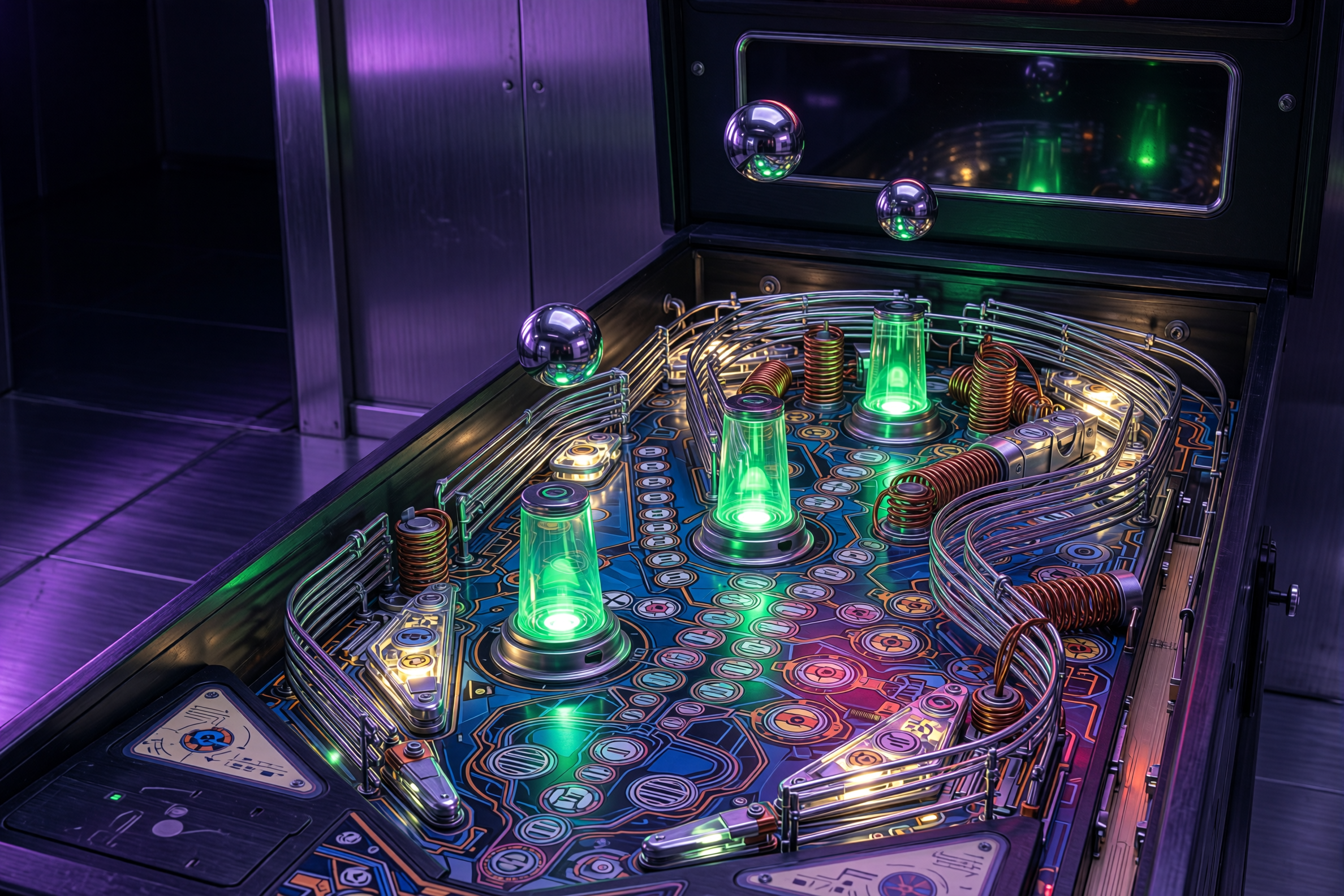 Three chrome pinballs hover above glowing green capture stations in a magnetic laboratory
