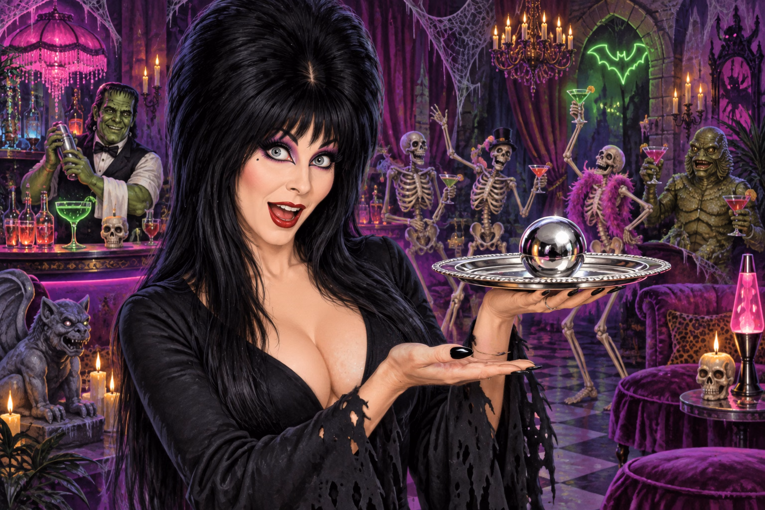 Elvira presents a chrome extra ball on a silver tray at a lively monster party