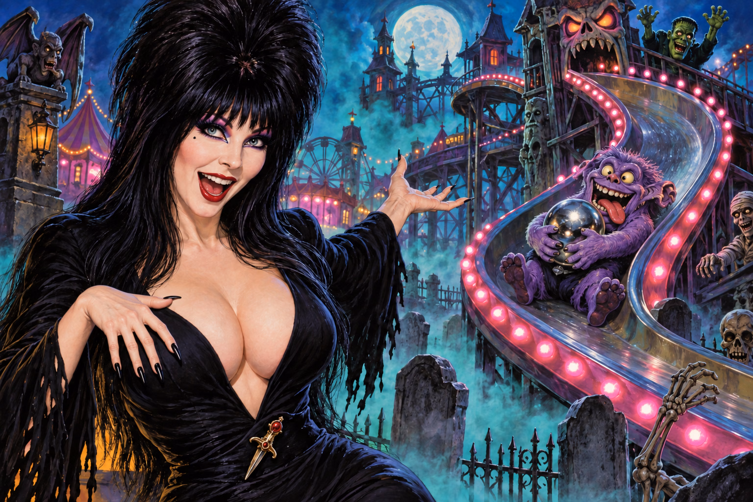 Elvira presents a glowing haunted Monster Slide while a purple monster rides with a chrome pinball