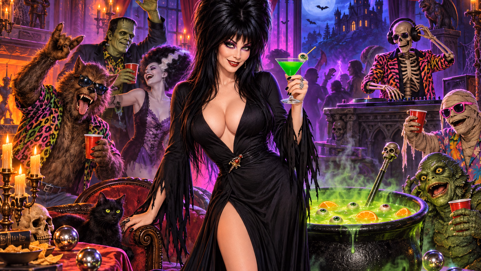 A glamorous adult horror hostess presides over a wild monster house party