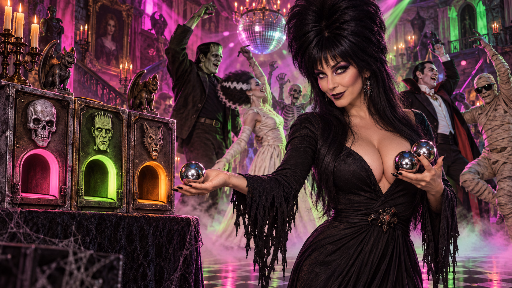 An original adult gothic horror hostess presents three symbolic lock cubbies at a neon monster party