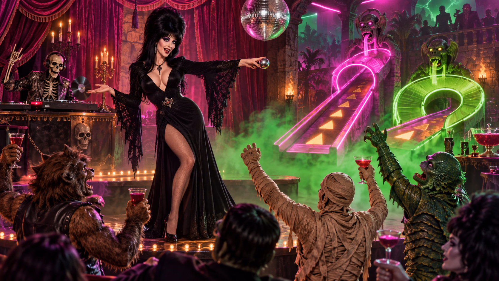 An original adult gothic horror hostess directs chrome balls toward two symbolic neon ramps while monsters dance
