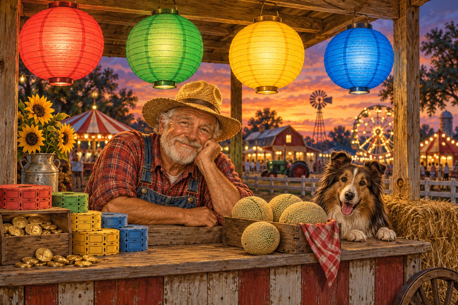Red, green, yellow and blue lanterns above a farmer and collie at the ticket booth