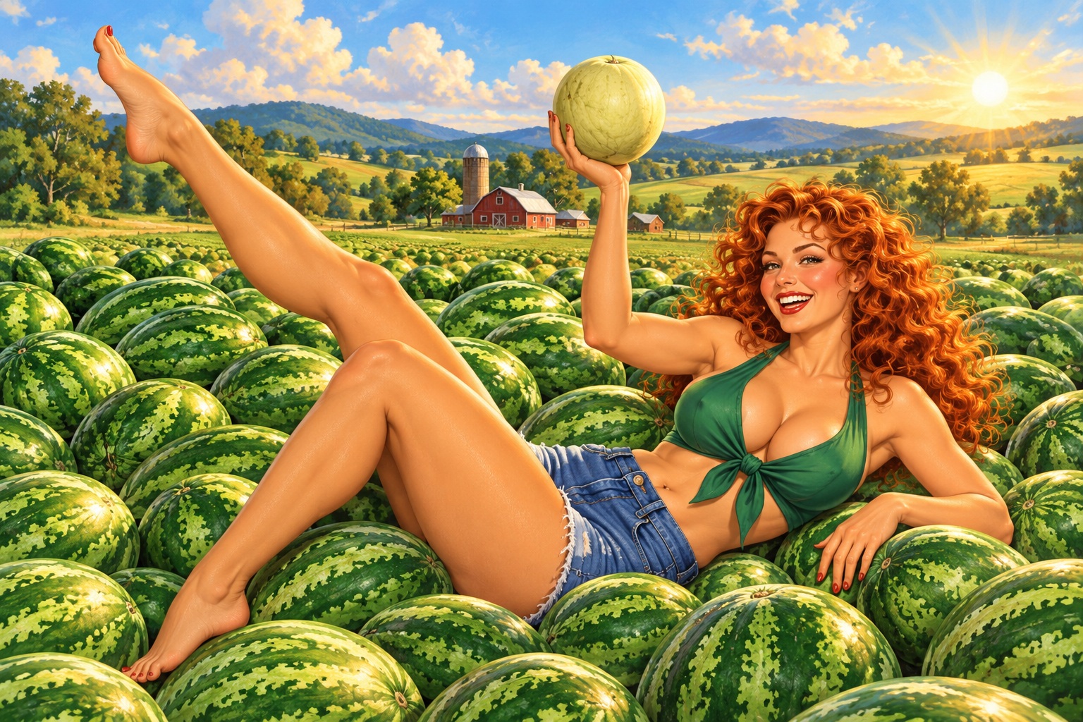 A redhead reclining in a mountain of watermelons, inspired by the lower playfield artwork