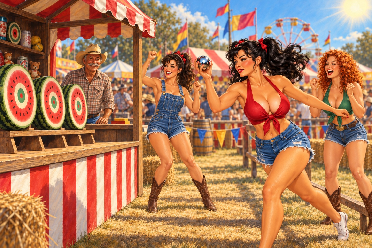 Ellen throwing at watermelon targets while Hellen and a redhead jump and cheer