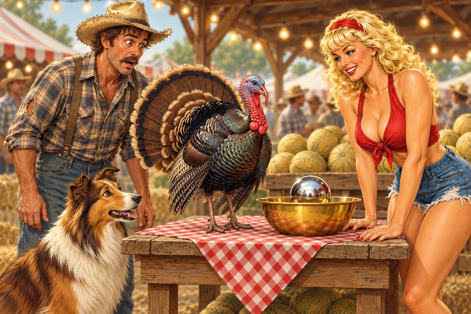 Melony catching a chrome ball that pops out of a brass bowl while the turkey reacts