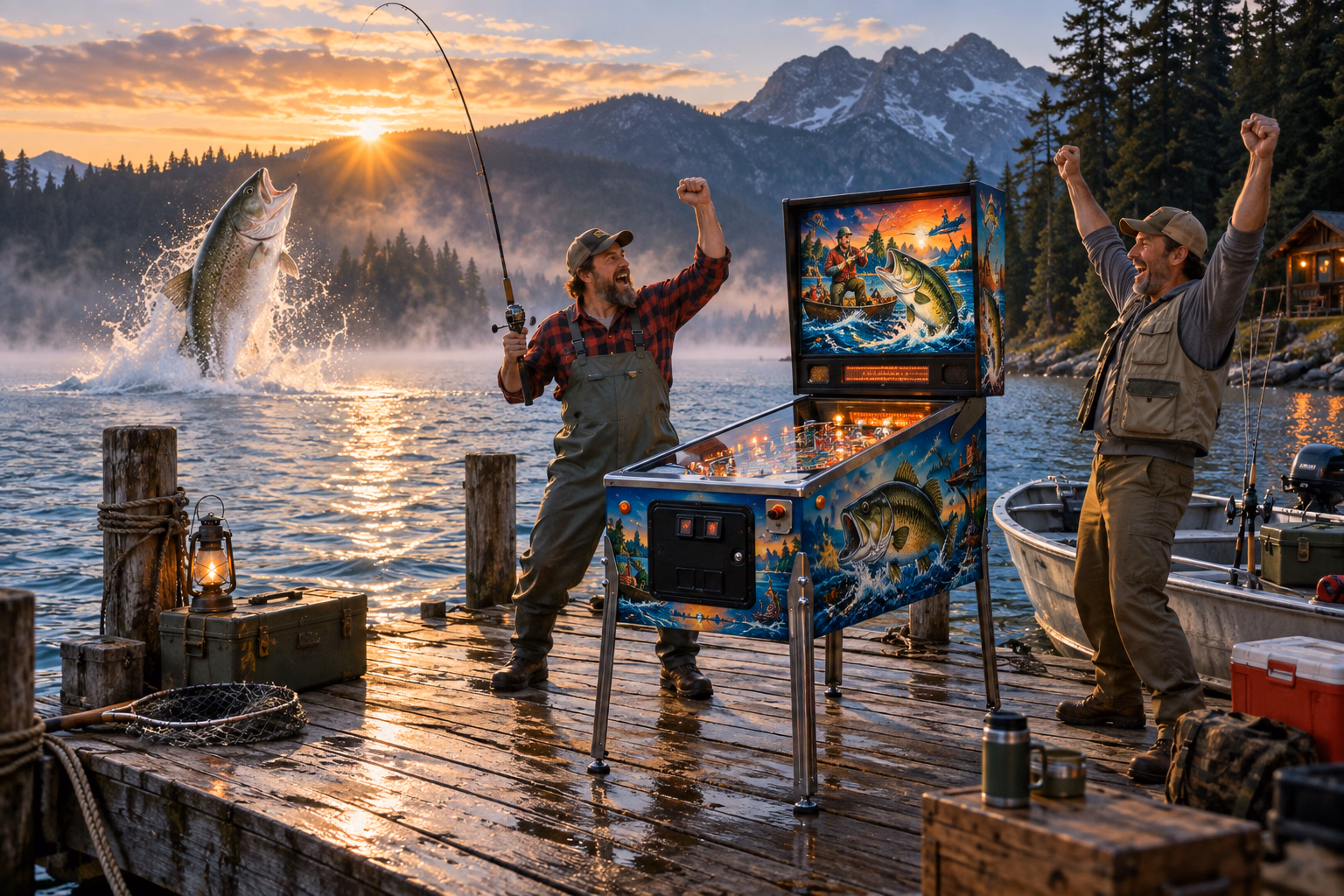 Two anglers present a glowing fishing pinball machine as a huge fish leaps behind them