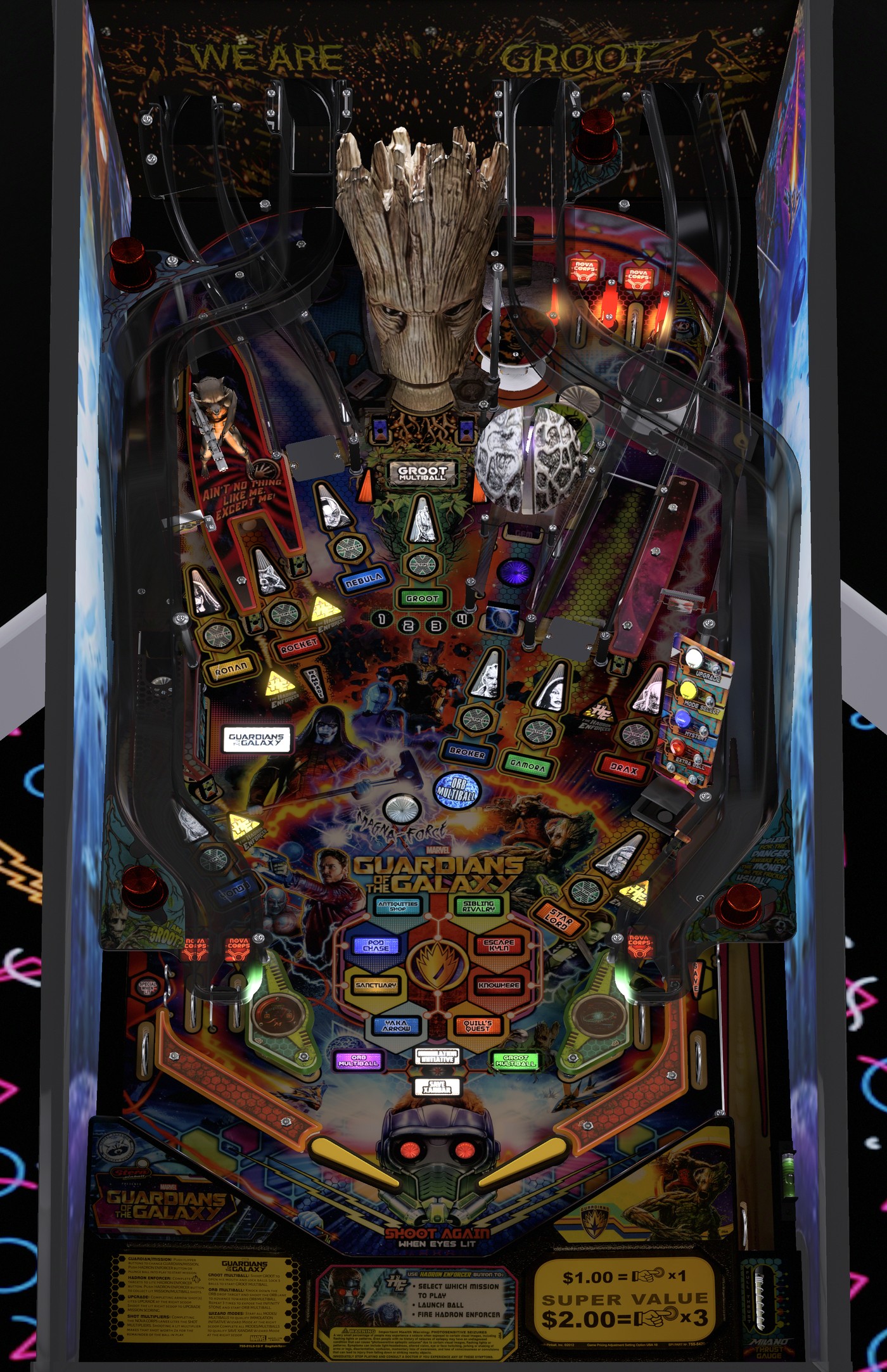Guardians playfield with character names printed beside the major shots