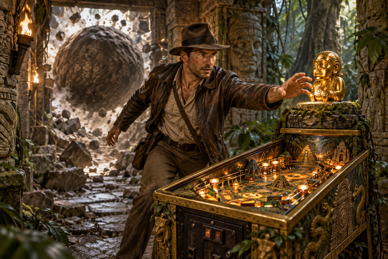 An explorer reaches for a golden idol as a stone boulder breaks into a jungle temple