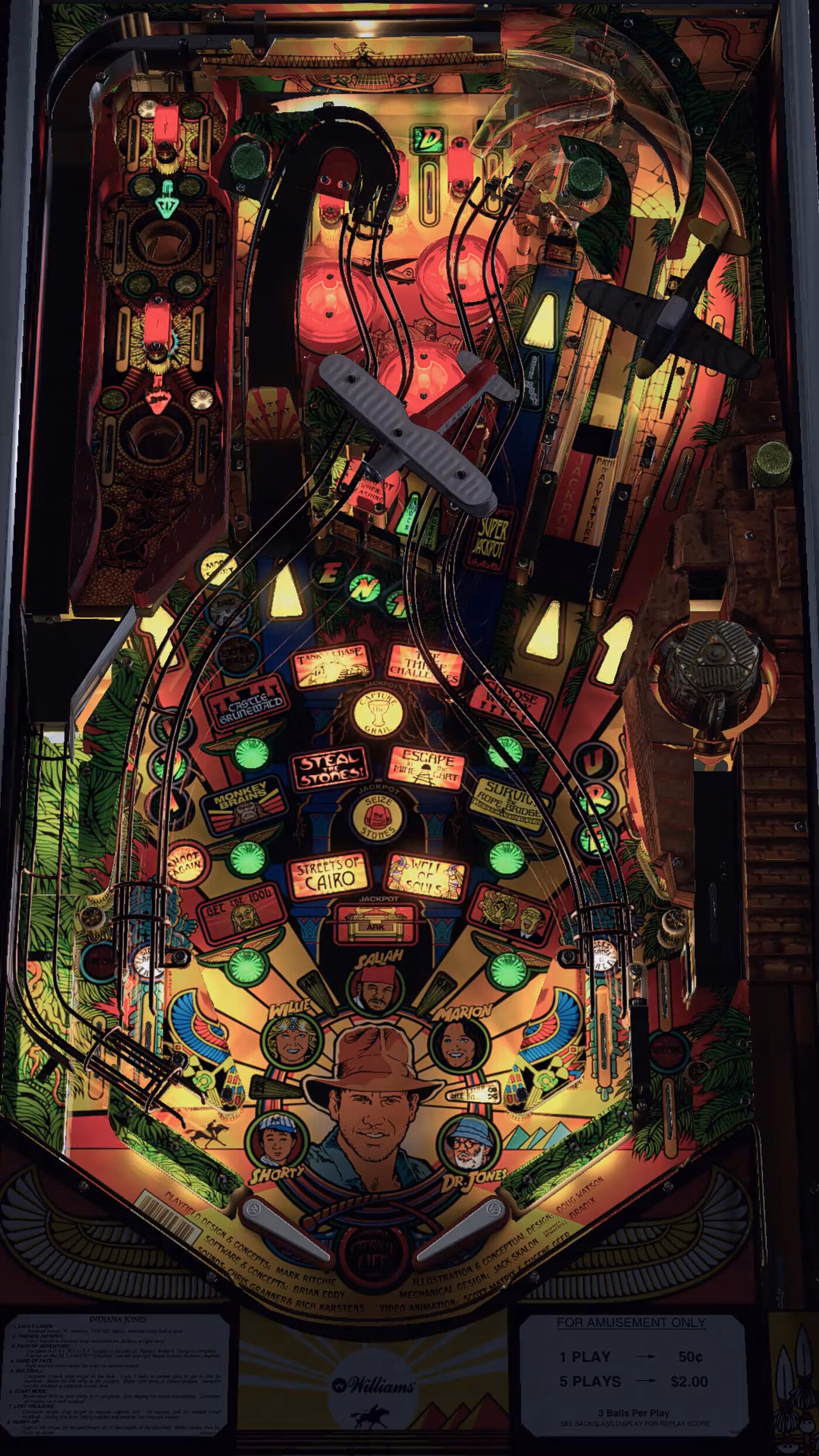 Installed Indiana Jones playfield viewed from the flippers