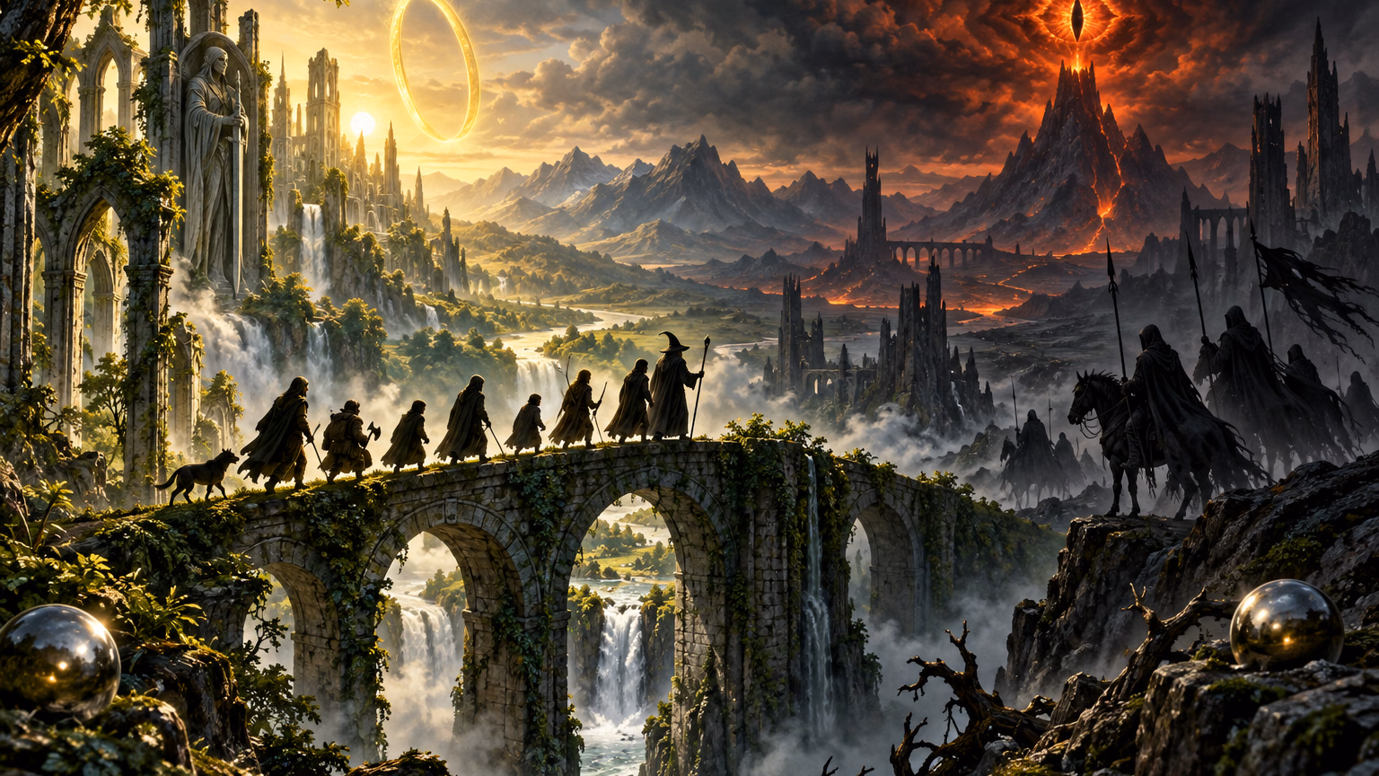 A fantasy fellowship crosses a stone bridge toward a dark mountain