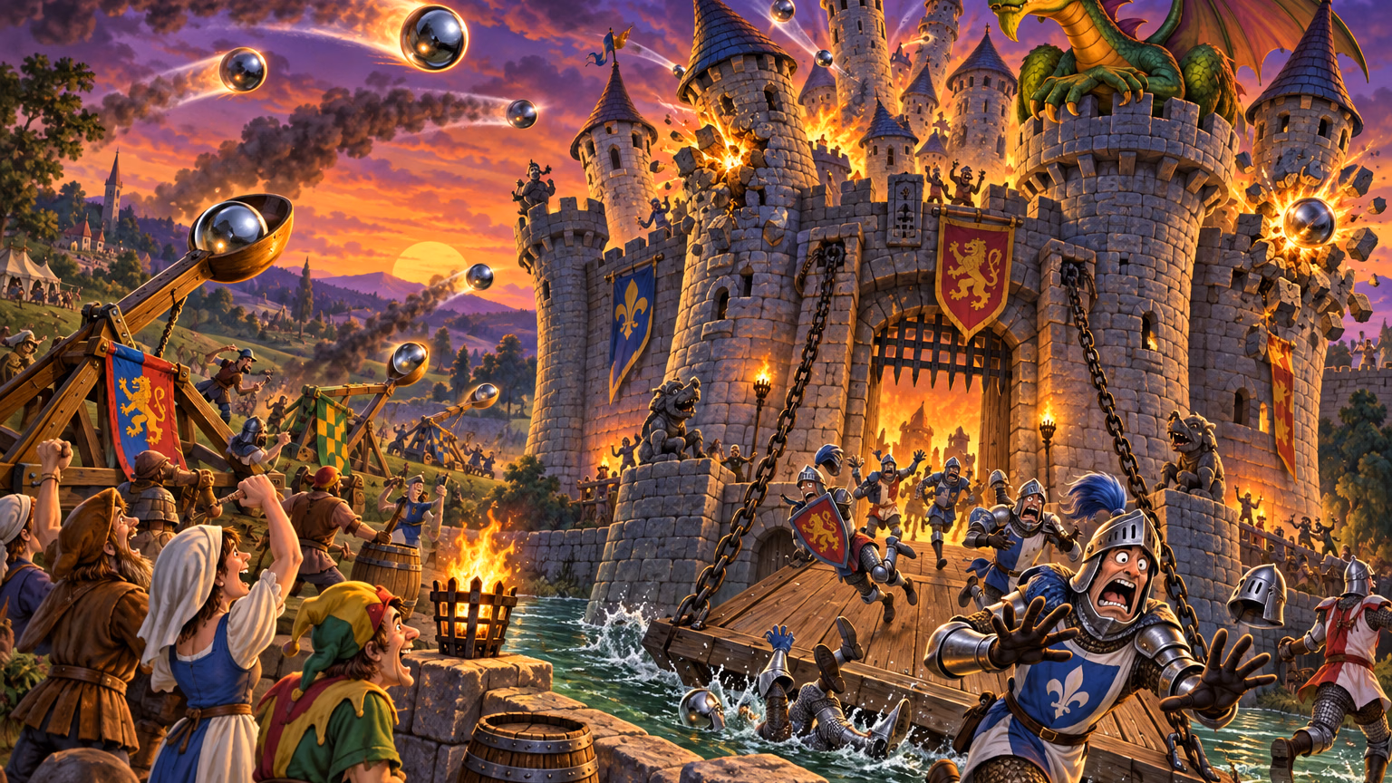 A comic medieval castle under siege by chrome pinballs