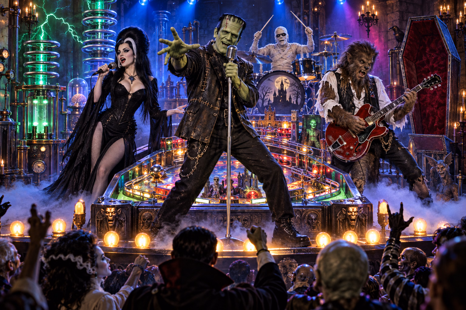 A stitched monster, gothic singer, werewolf guitarist and mummy drummer perform around a pinball machine