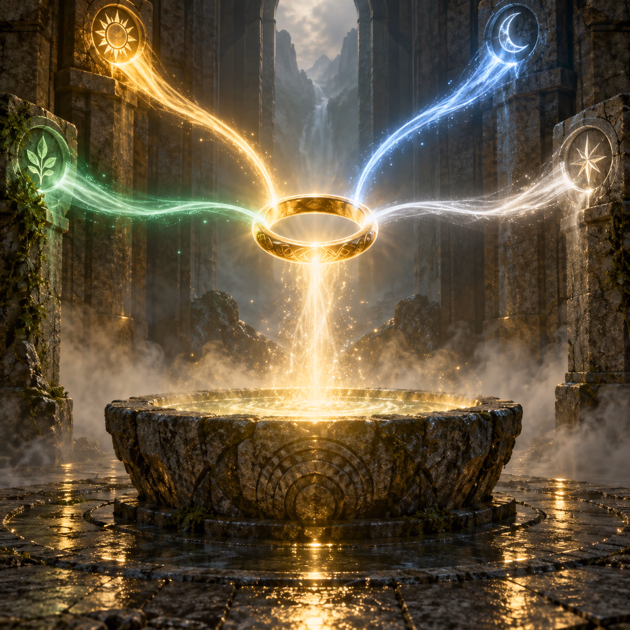 Illustrative original art: a golden ring over a stone basin with four separate streams of light gathering into it