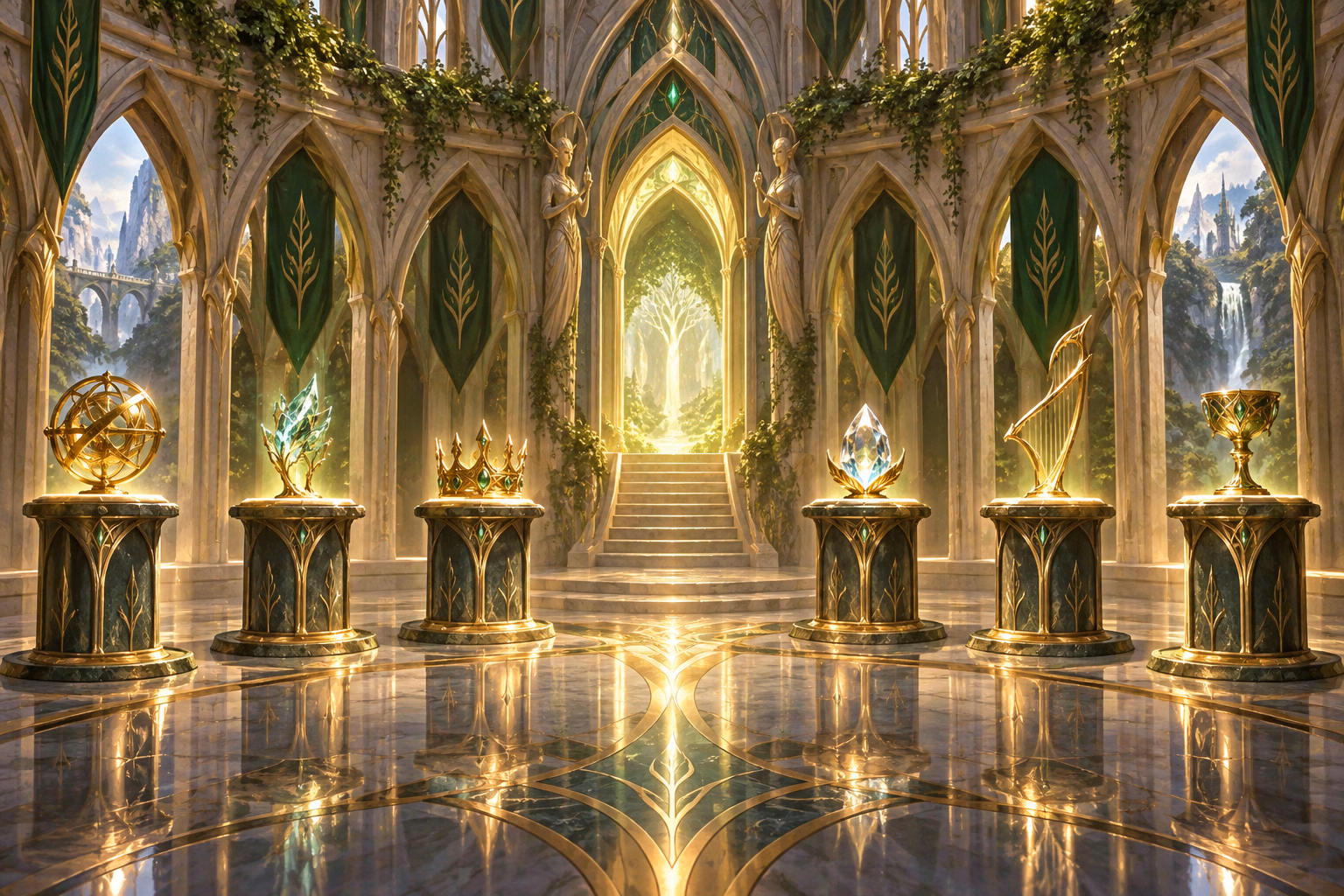 Illustrative original art: an elven treasury with six visible gift plinths and a newly revealed seventh alcove
