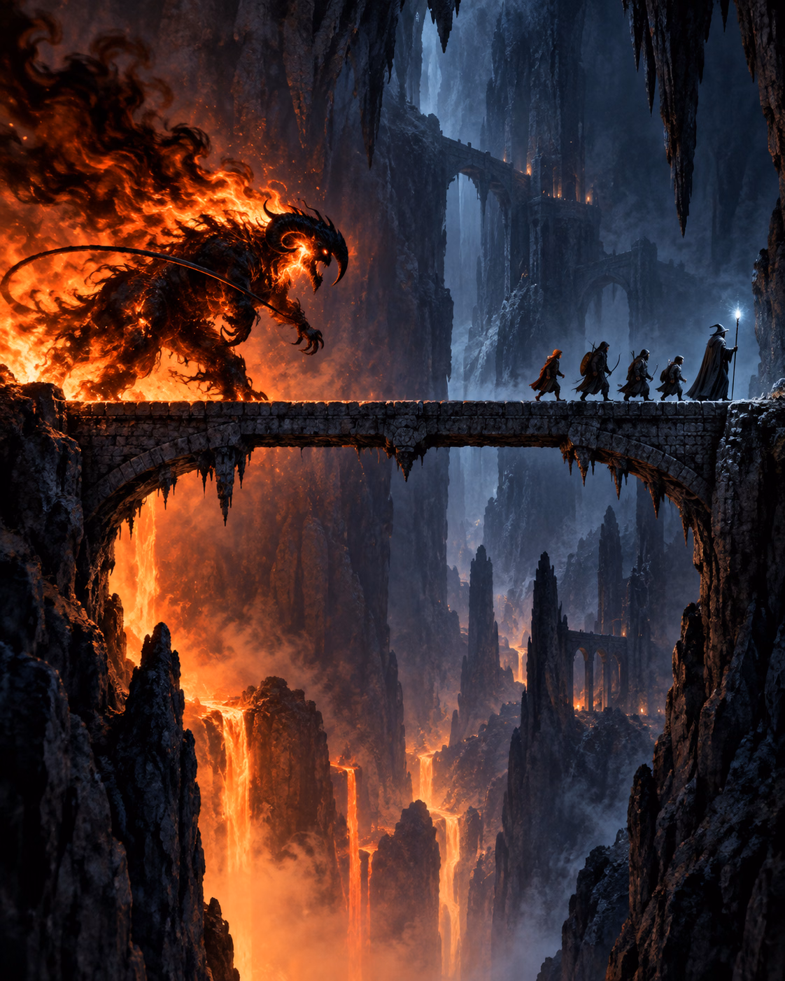 Illustrative original art: a narrow bridge in side view with a flame-and-shadow creature and a fellowship moving opposite