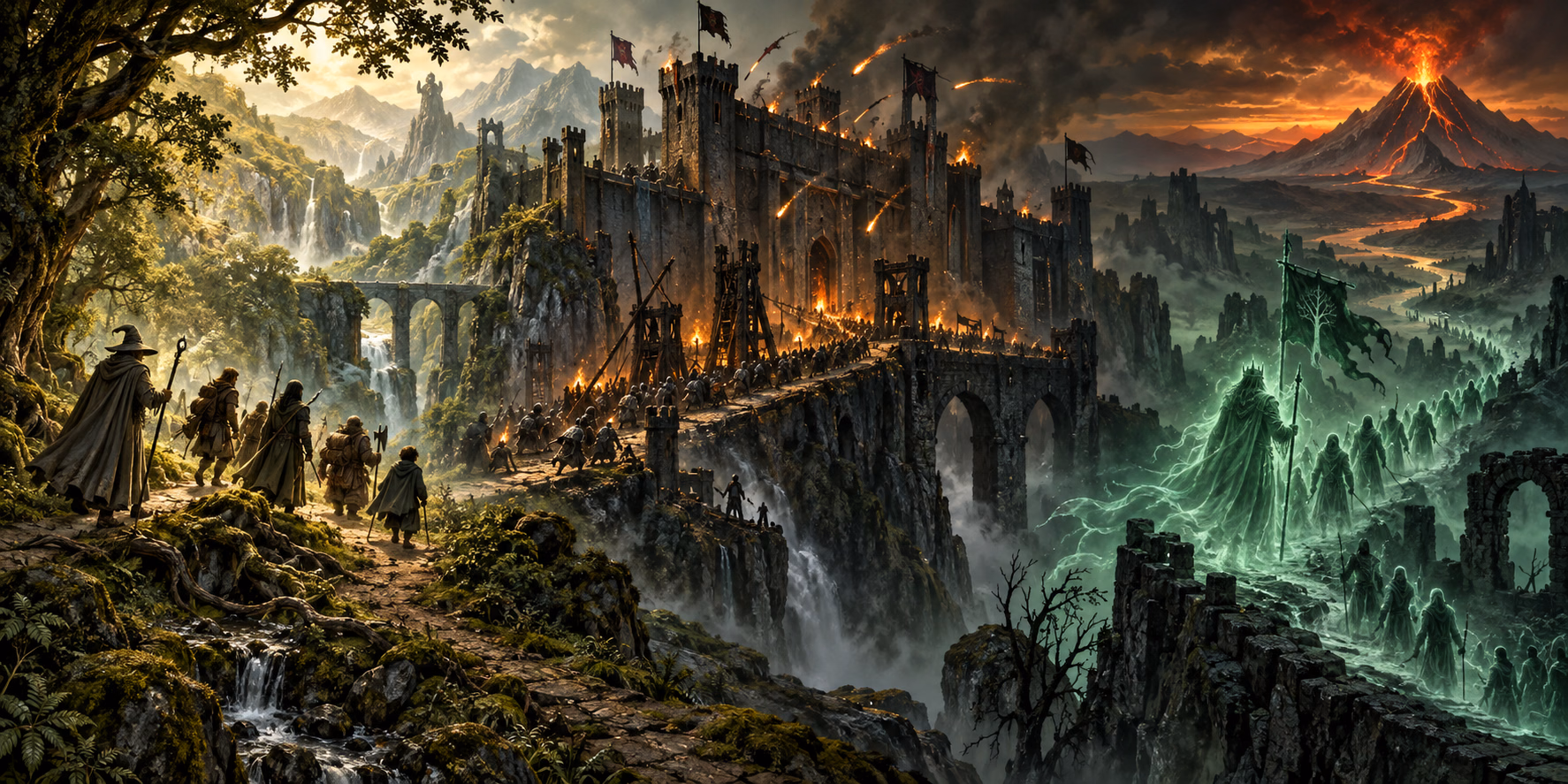 Illustrative original art: a three-region journey with woodland fellowship, fortress siege and spectral return leading toward a volcanic destination