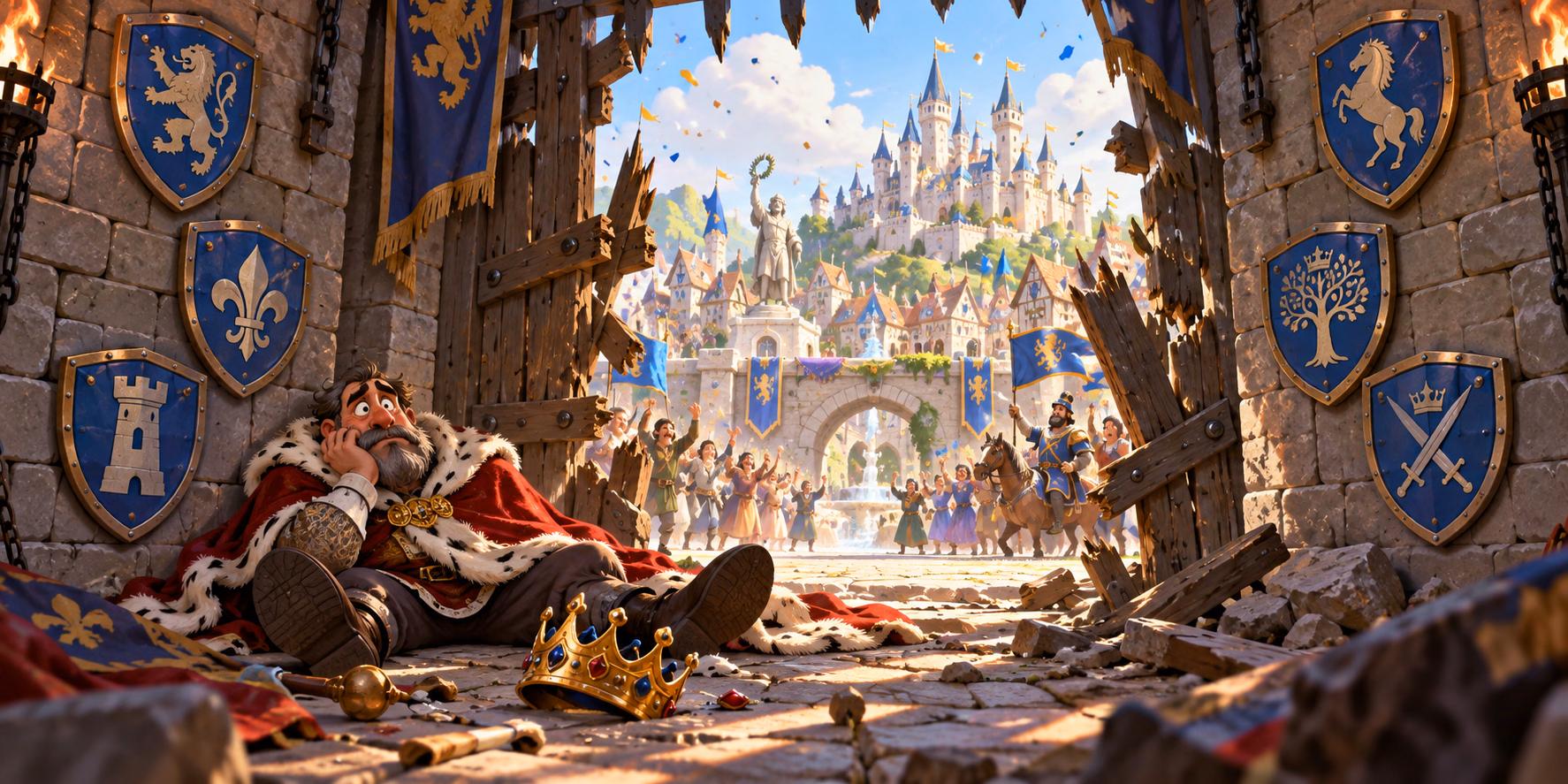 Illustrative original art: inside a breached castle gate looking toward a jubilant kingdom with a defeated king, fallen crown and six blue shields
