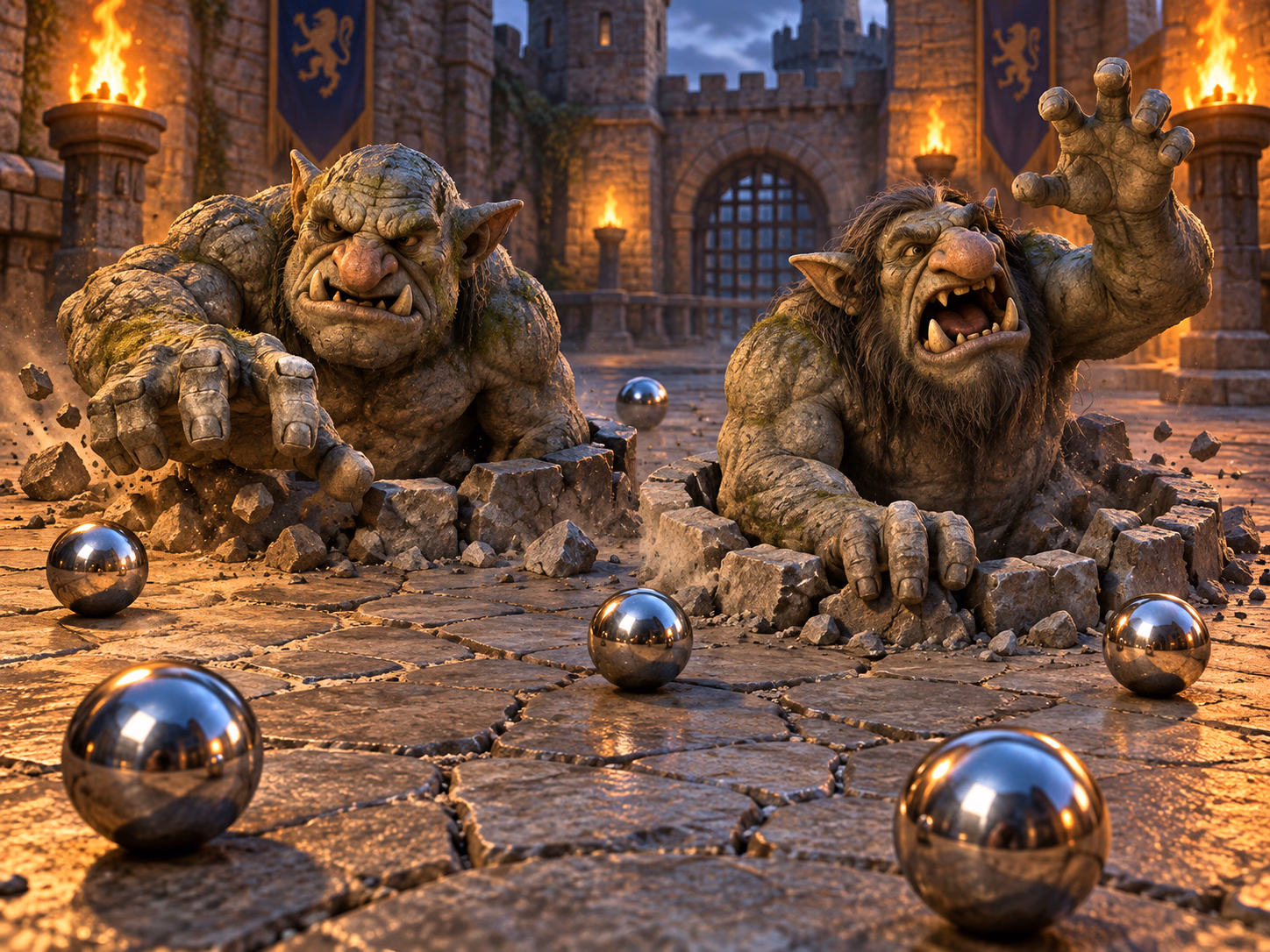 Illustrative original art: two distinct trolls rise from separate stone pits with several chrome balls around them