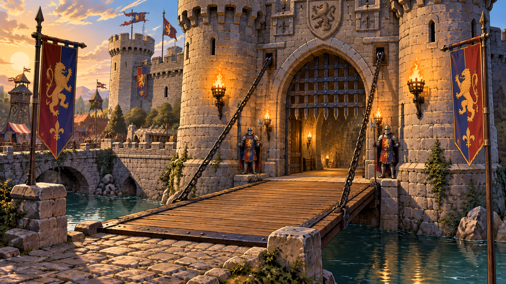 Illustrative original art: intact castle drawbridge, gate and entrance at a three-quarter angle