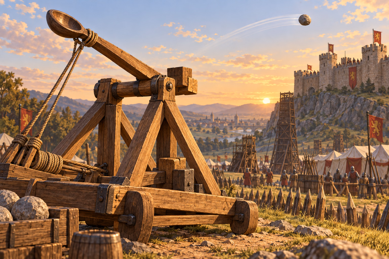 Illustrative original art: a spoon-arm catapult launches a released projectile toward a distant castle wall
