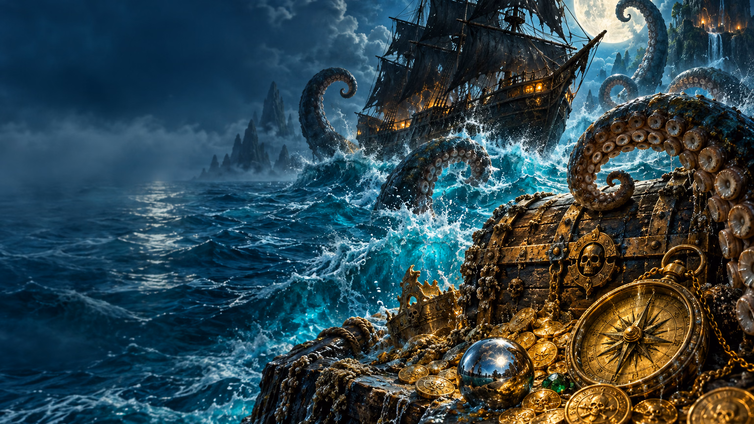 Illustrated moonlit pirate ship surrounded by Kraken tentacles and treasure