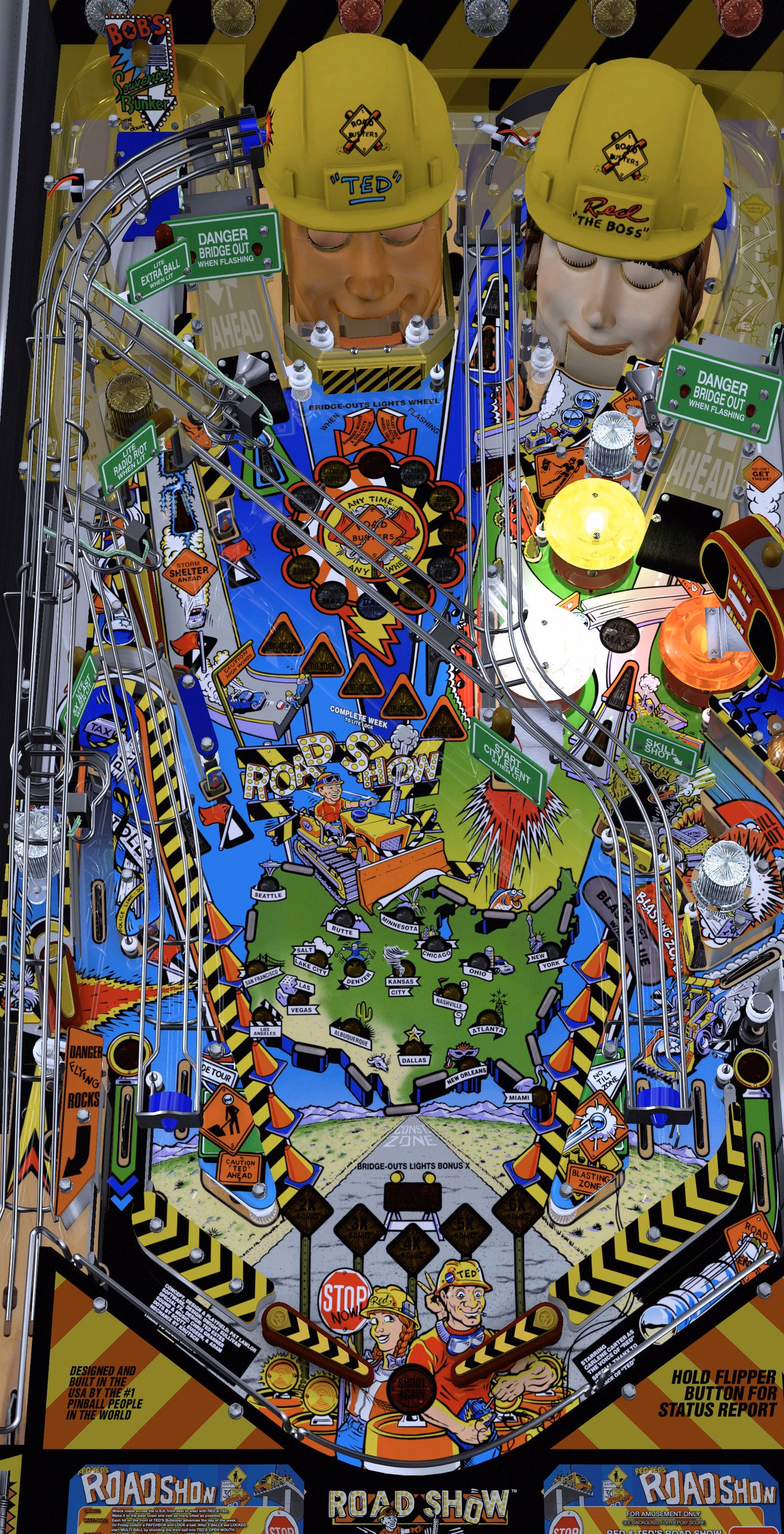 Top-down render of the installed road-show playfield