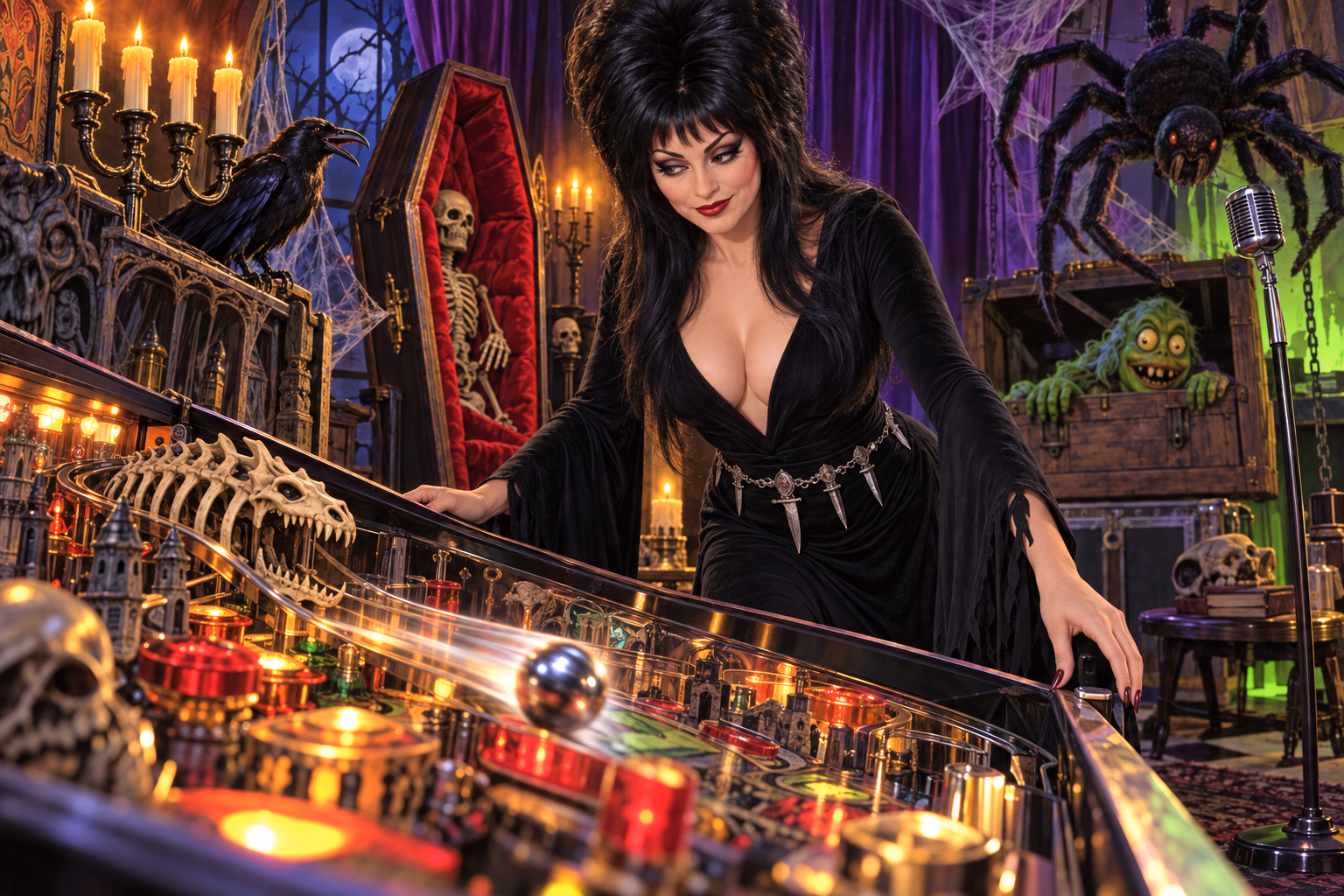 A chrome pinball races past a coffin, monsters and haunted carnival scenery