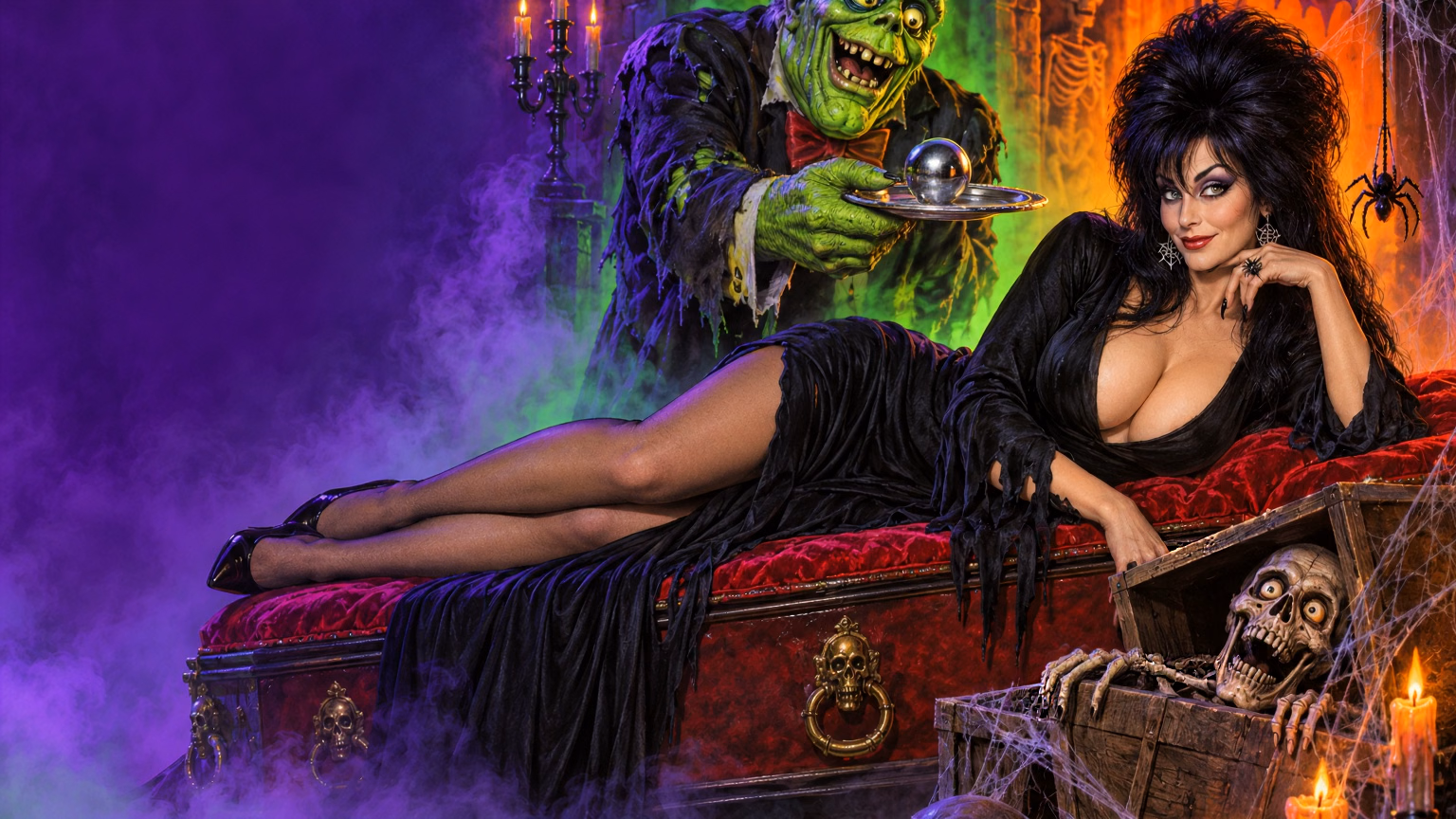 An adult horror hostess, rubber monsters and a glowing coffin