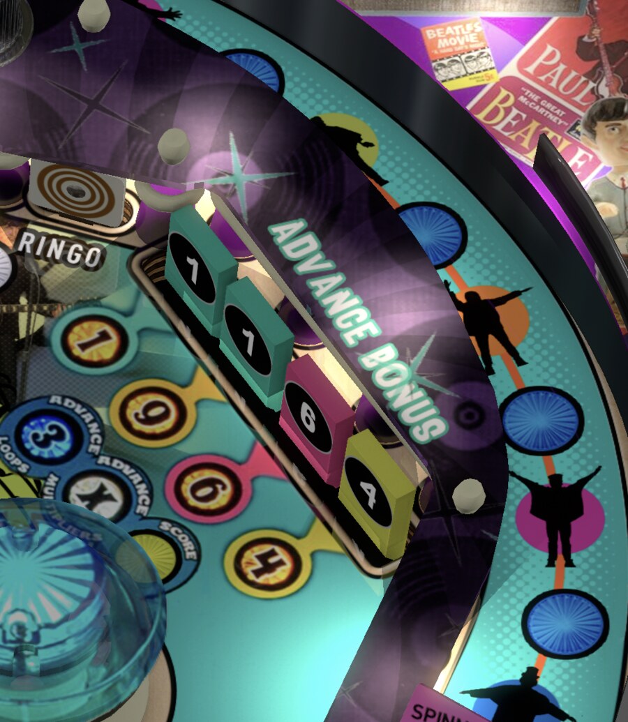 1-9-6-4 drop-target bank on the upper right of the installed Beatles table