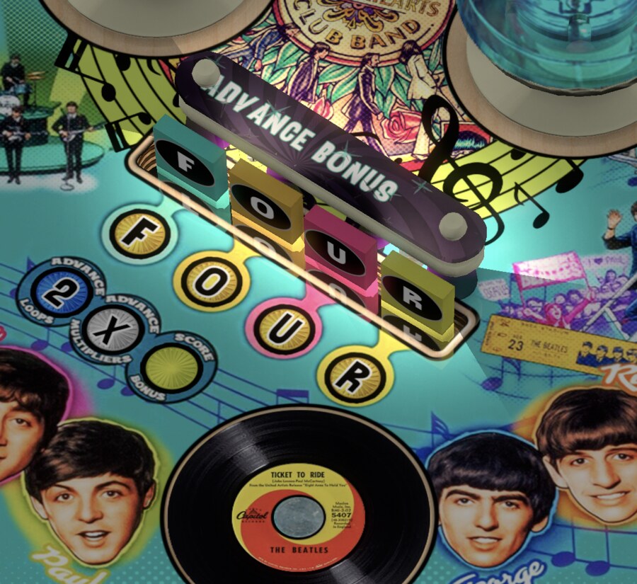 F-O-U-R drop-target bank across the center of the installed Beatles table