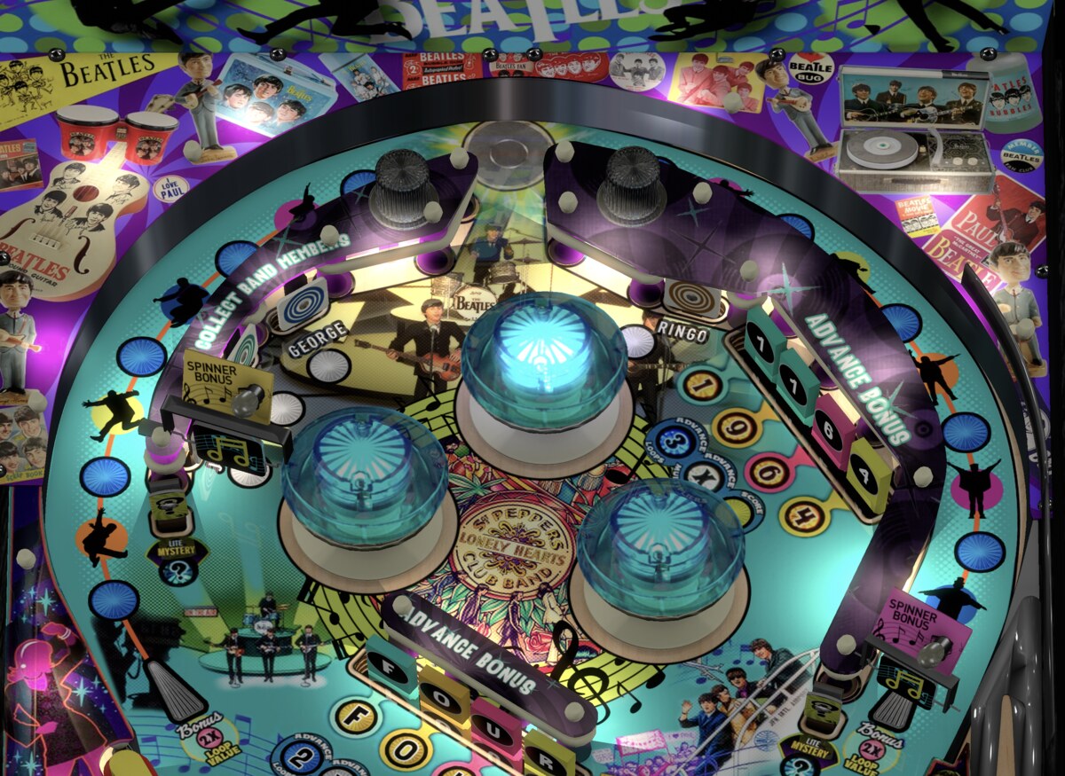 Upper outside lanes, loops, and spinners on the installed Beatles table