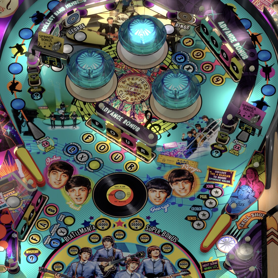 Pop bumpers, four Beatles targets, and Mystery targets on the installed Beatles table