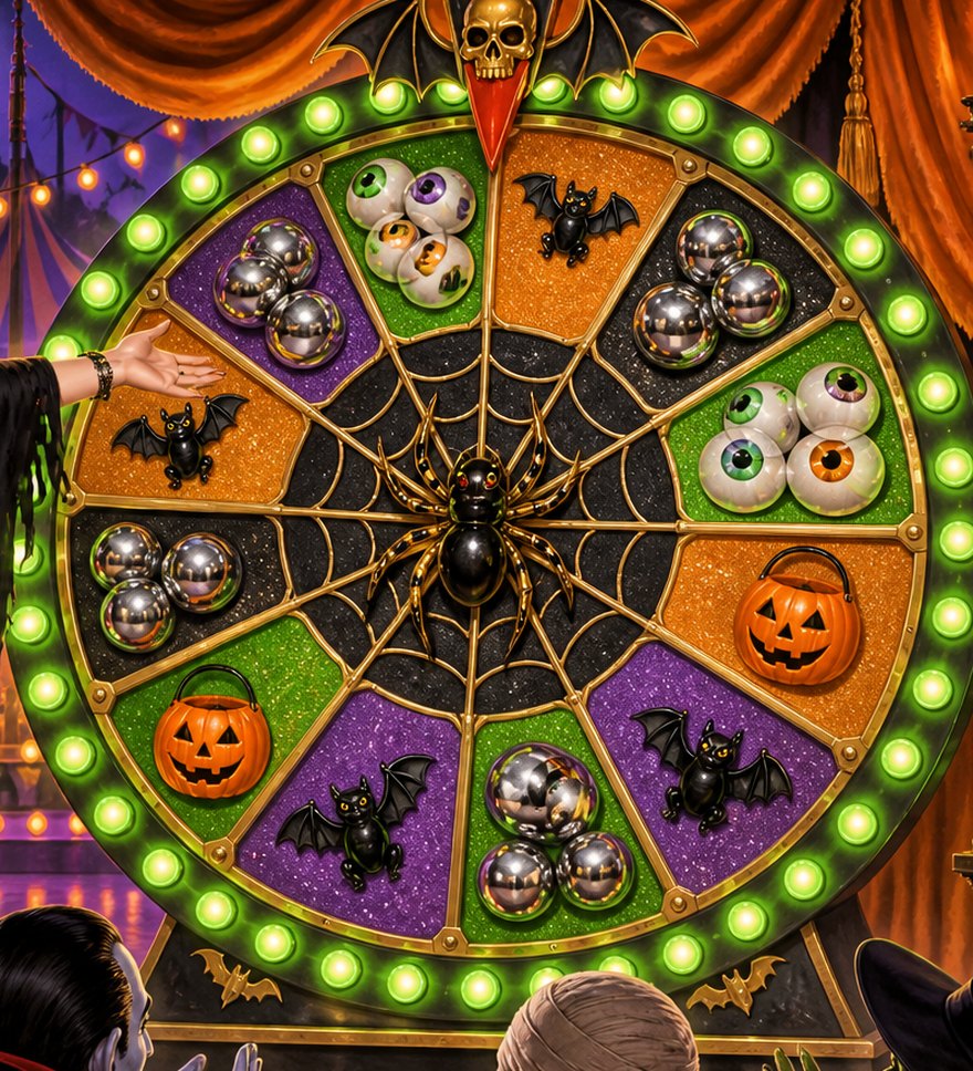 The Spider prize wheel: eyes, chrome balls, bats, pumpkins and a black spider at the hub