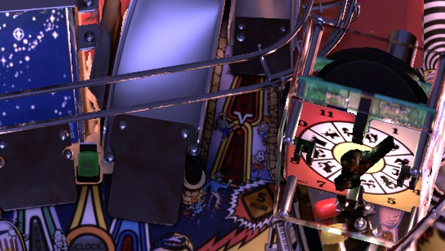 The small green Clock Target between the two ramps, under the cube clock, on the installed Twilight Zone playfield