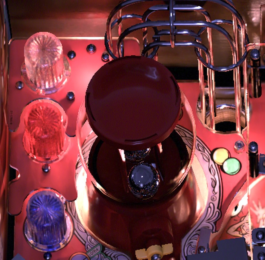 The red glass Gumball Machine dome in the top-left corner of the installed Twilight Zone playfield