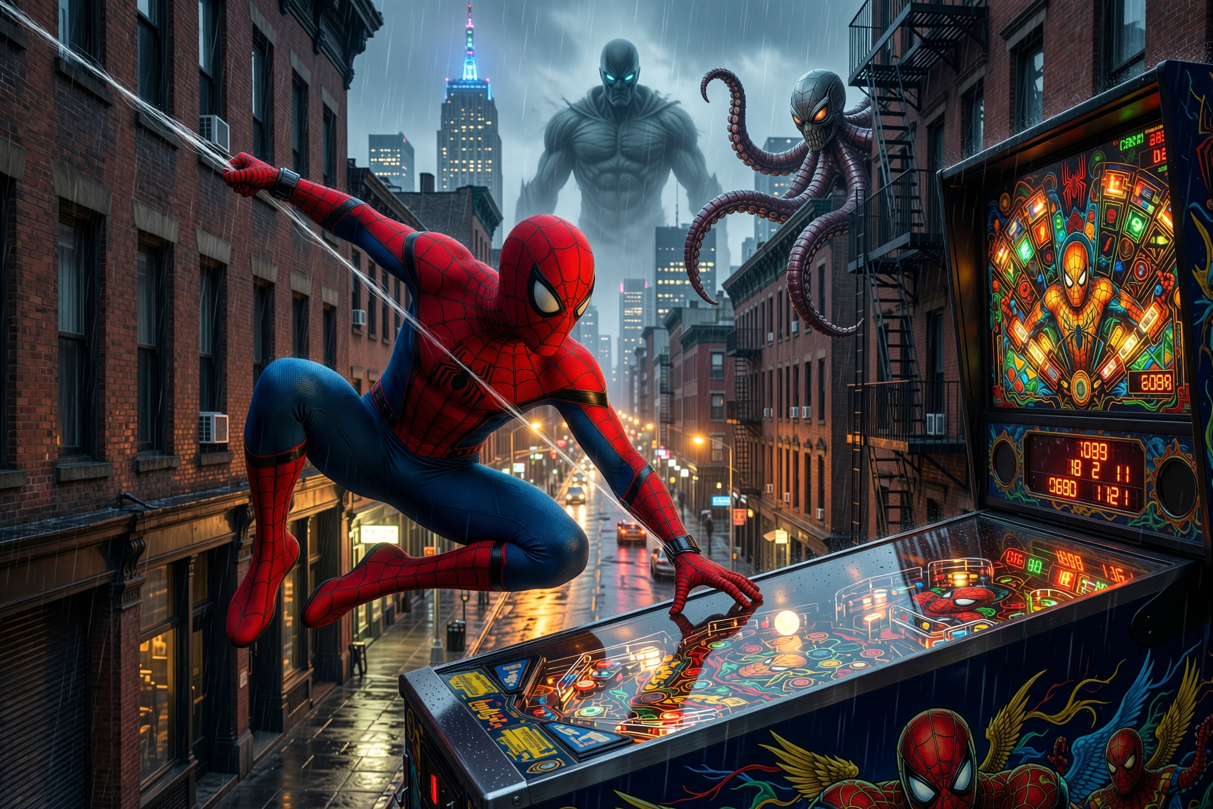 Spider-Man swings through a city above a pinball