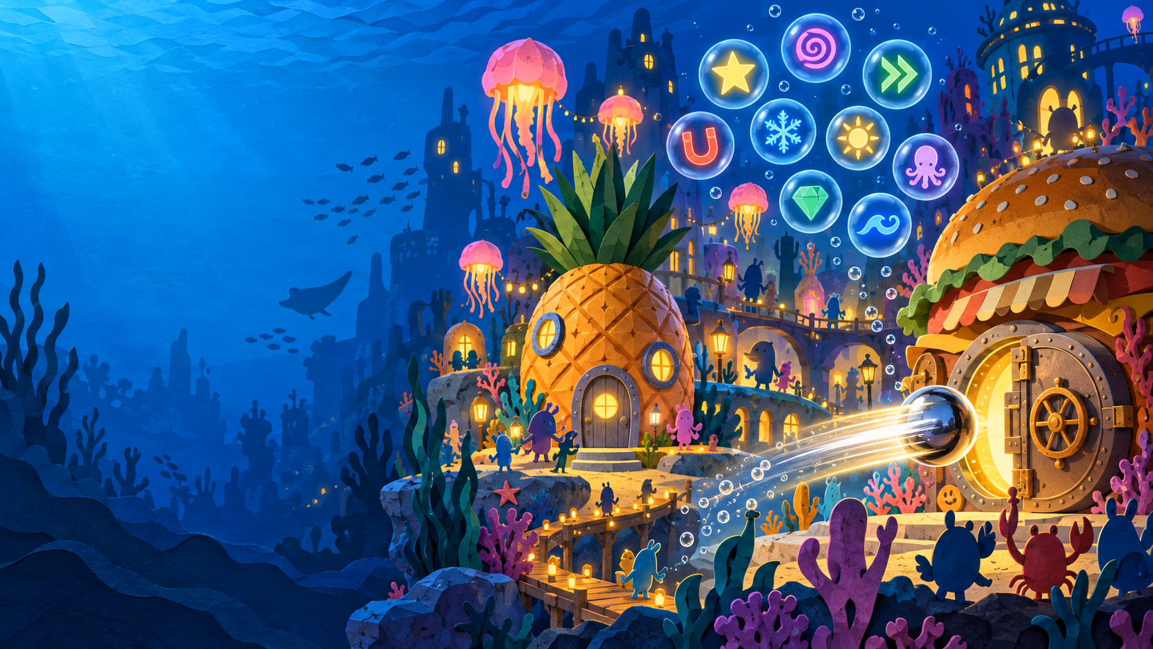 An original cut-paper undersea town with a pineapple house, jellyfish and chrome pinballs