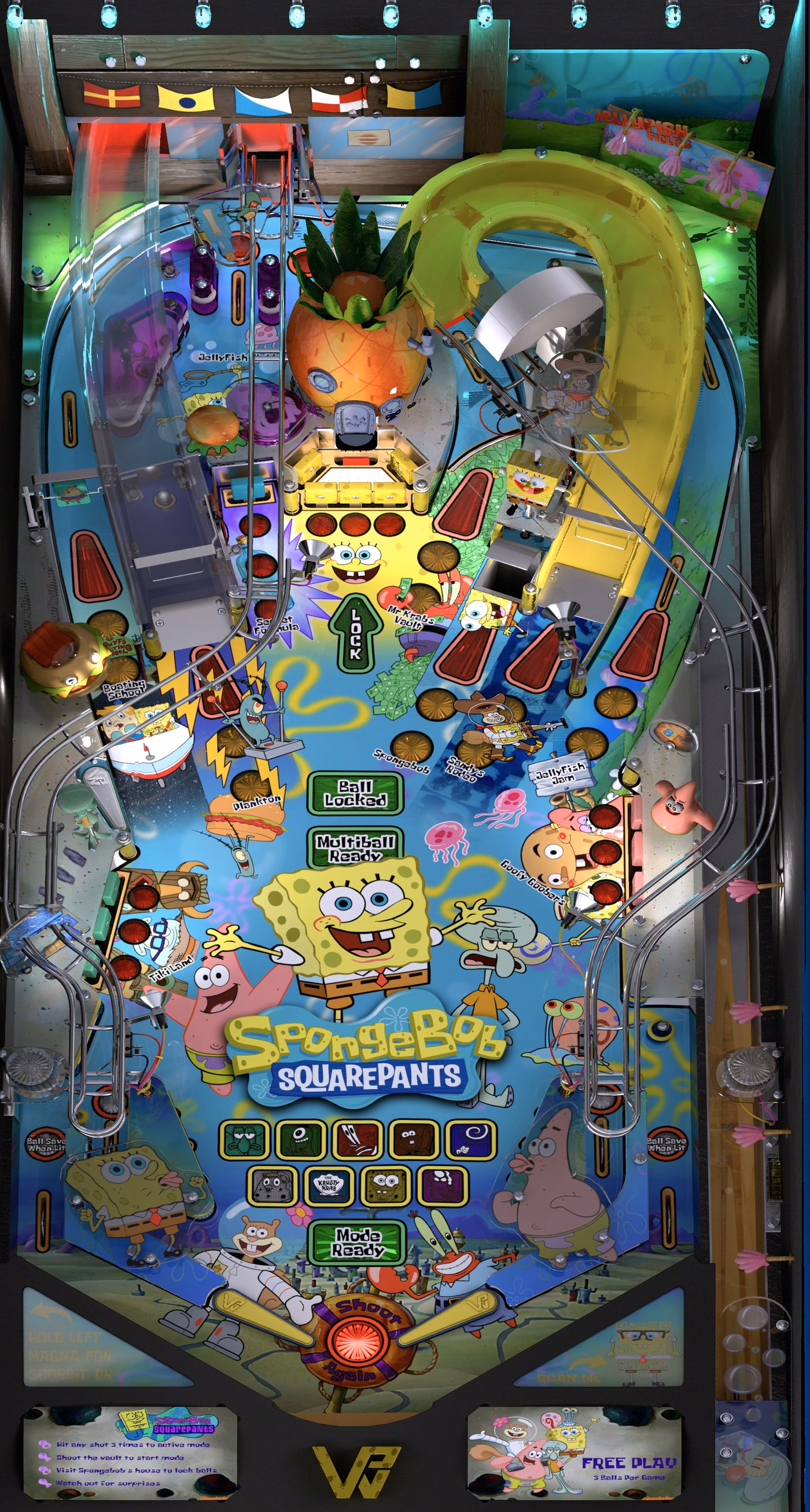 Full SpongeBob Bikini Bottom VPX playfield with the Pineapple, Vault, ramps and character targets visible