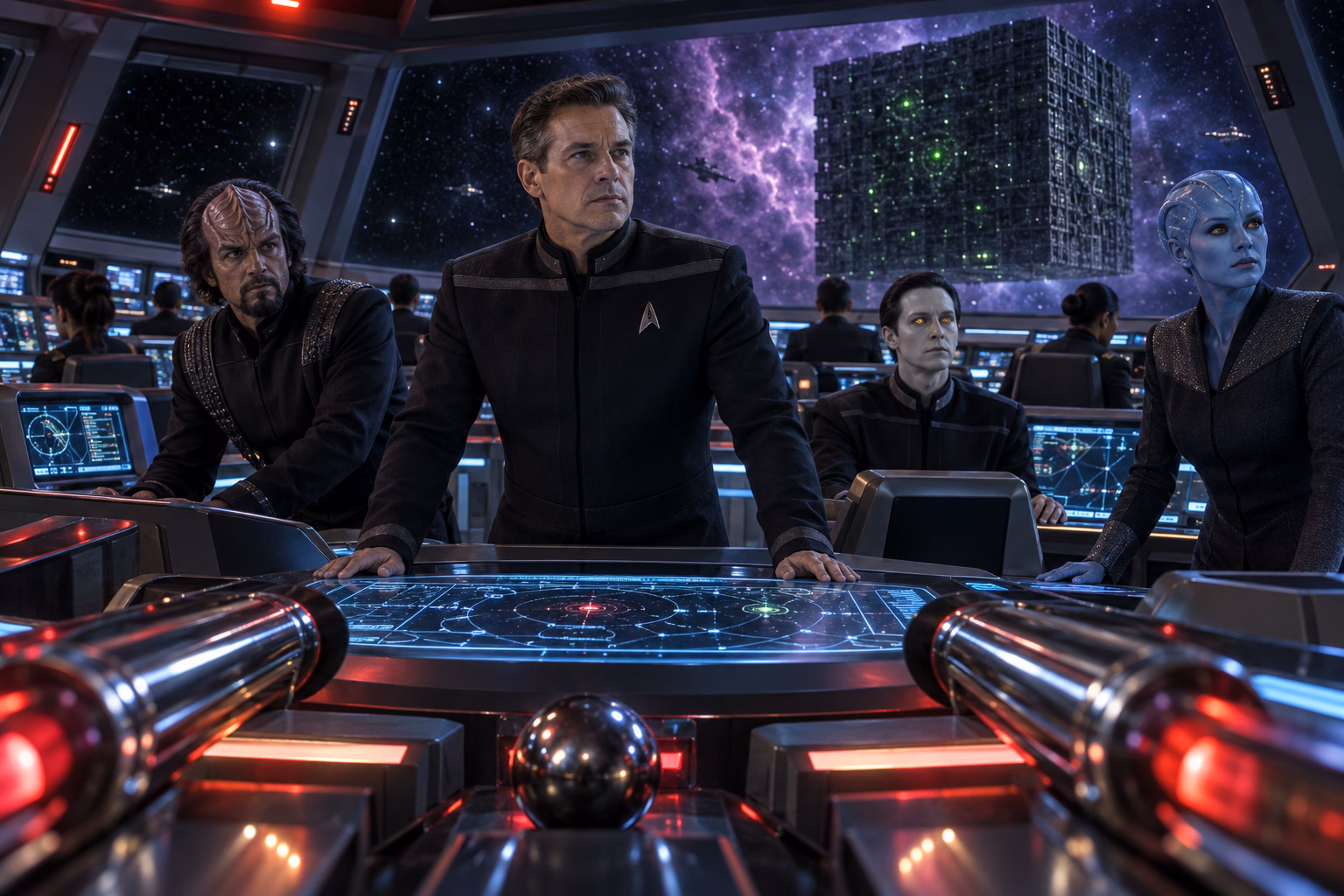 A starship crew of humans and aliens confronts a cube vessel from the bridge