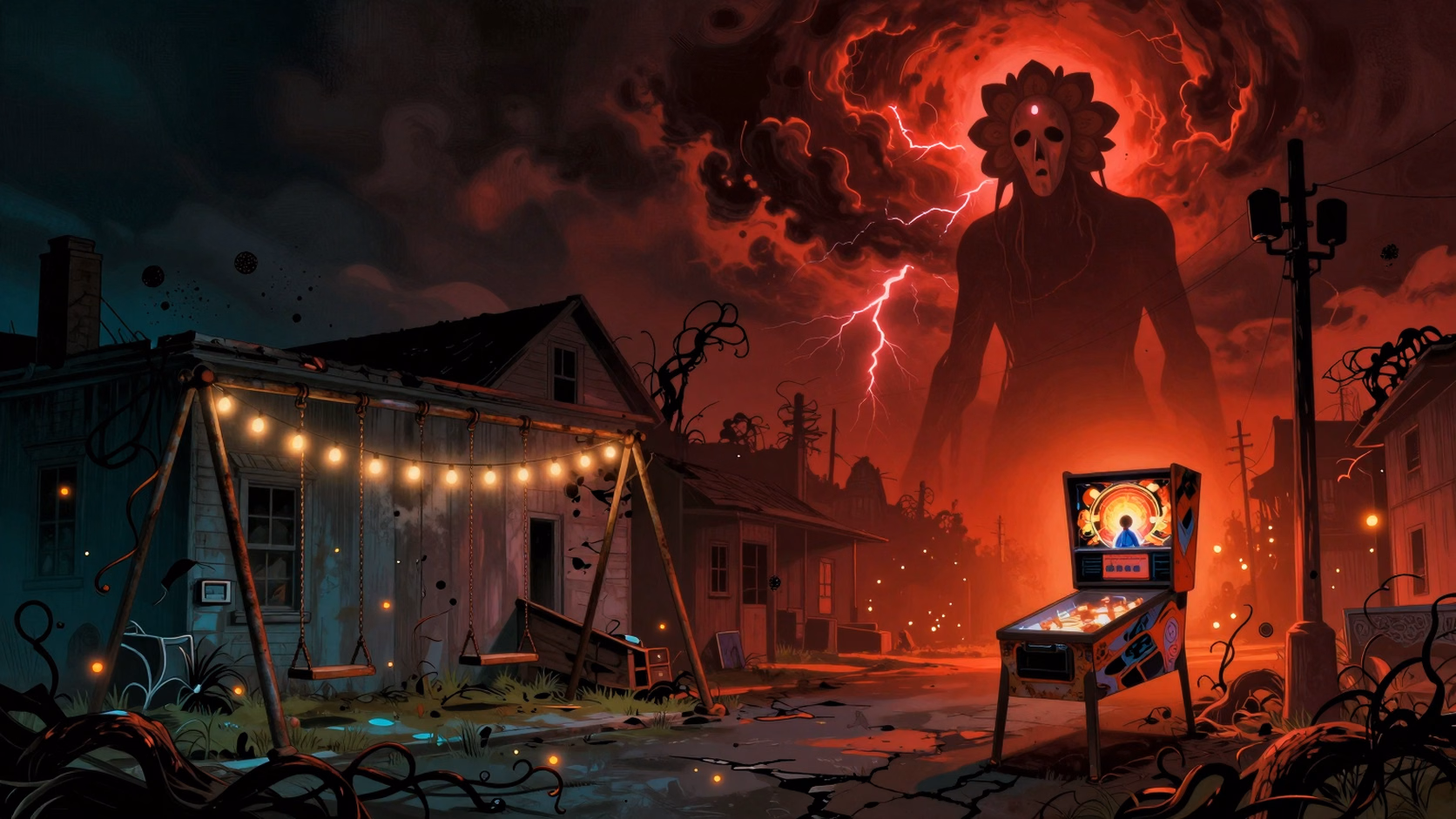 Bicycles race across a supernatural small town beneath red lightning and a shadow monster