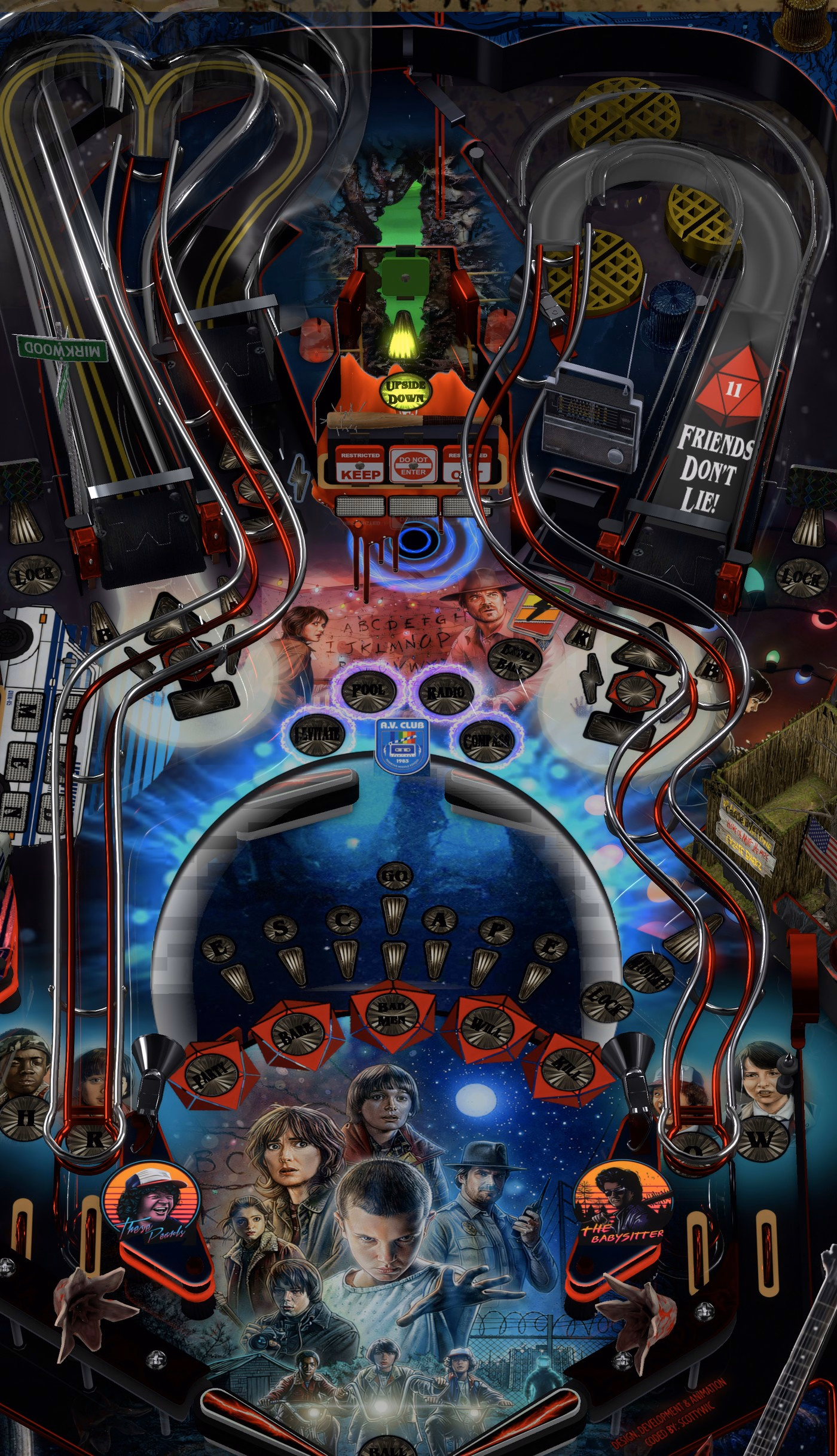 Full Stranger Things custom VPX playfield with ramps, portal, Castle Byers and lower targets visible