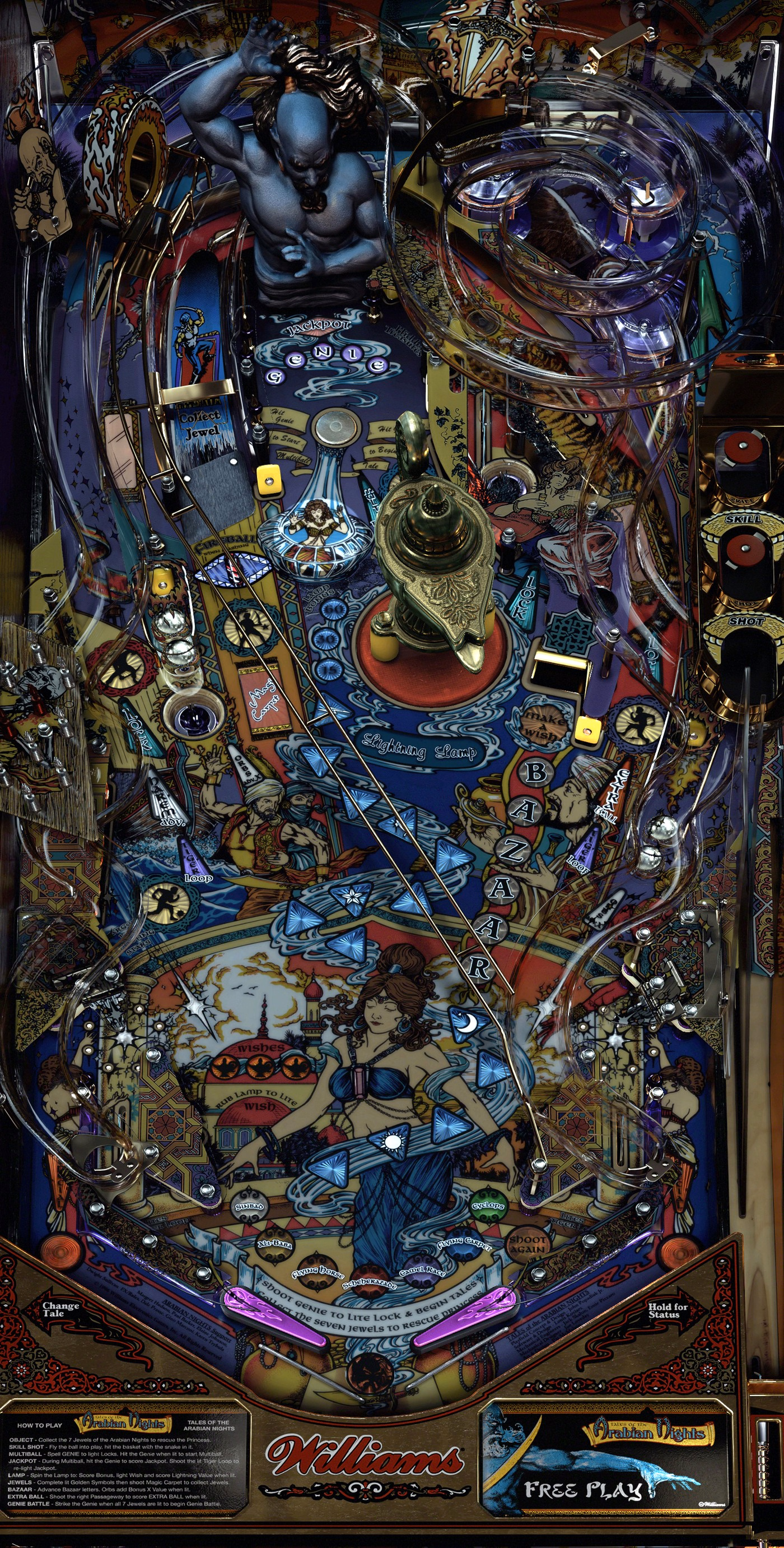 Full physical Tales of the Arabian Nights playfield showing the orbits, ramps, genie, lamp, bazaar and jewel targets