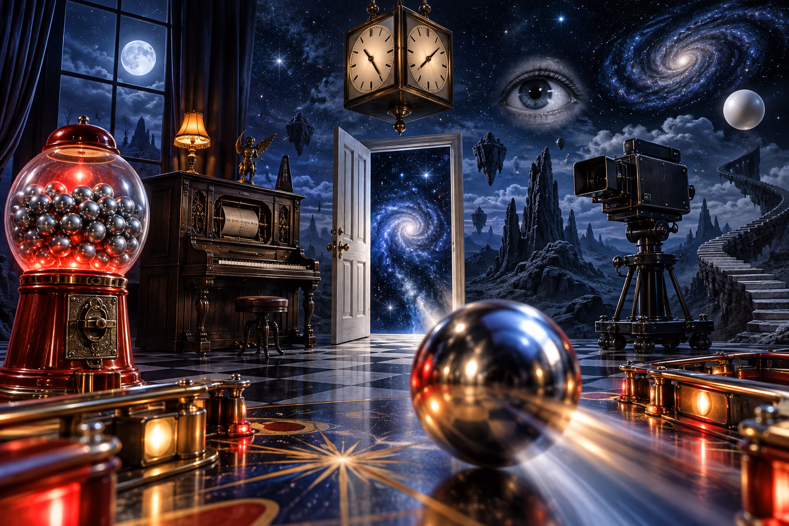 Twilight Zone illustrated field guide hero: a glowing red gumball machine, antique player piano, cubical clock, open door to deep space, vintage camera, floating eye and chrome pinball in an impossible midnight landscape