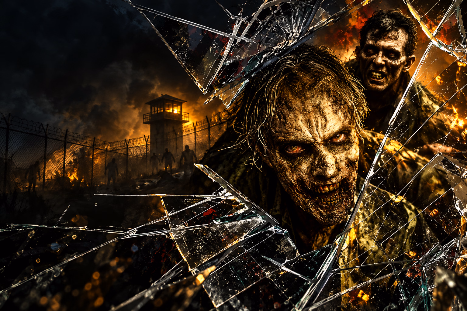 Two walkers emerging through shattered glass above a burning prison perimeter