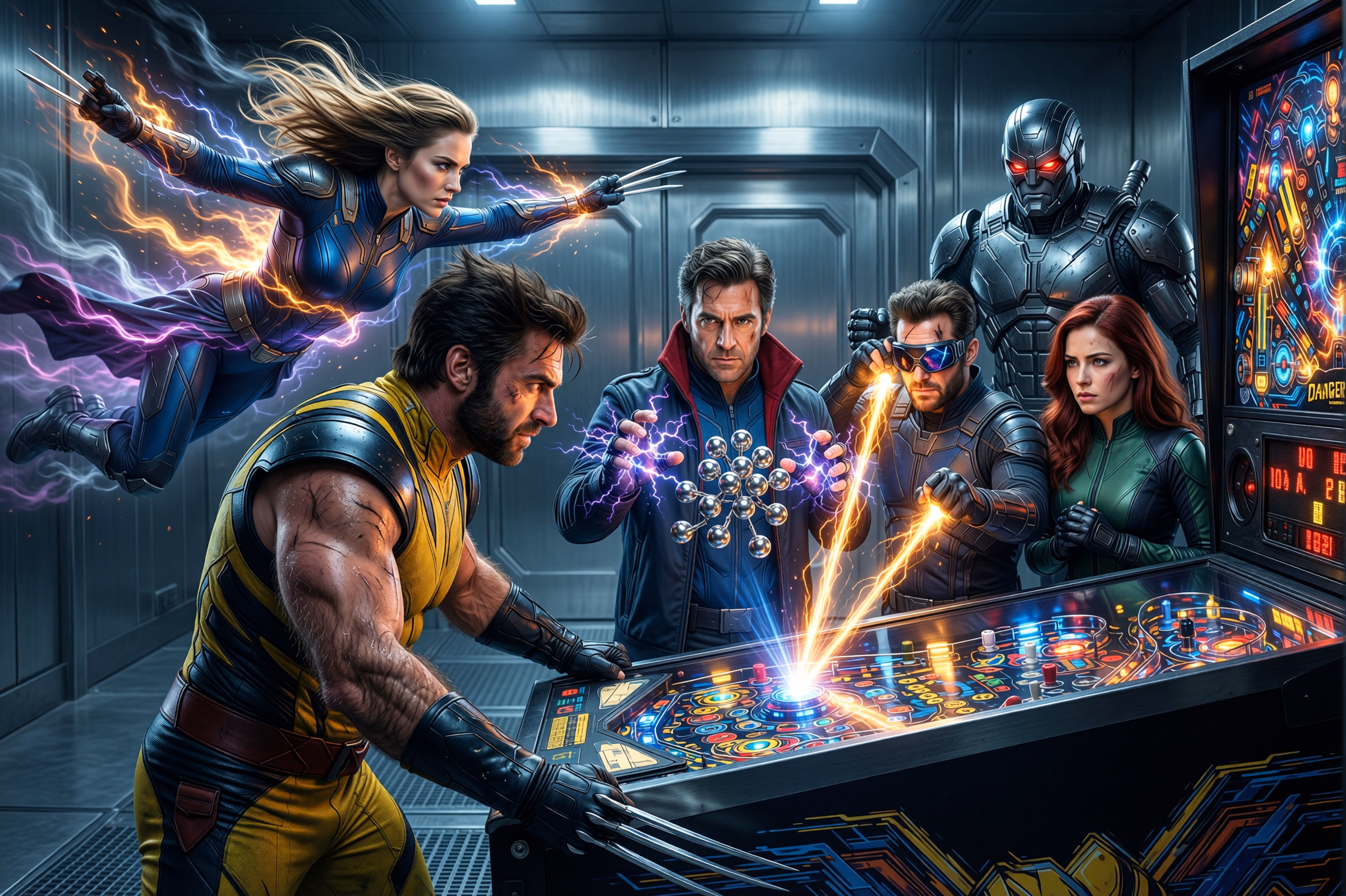 The X-Men surround a futuristic pinball machine while Magneto levitates chrome balls